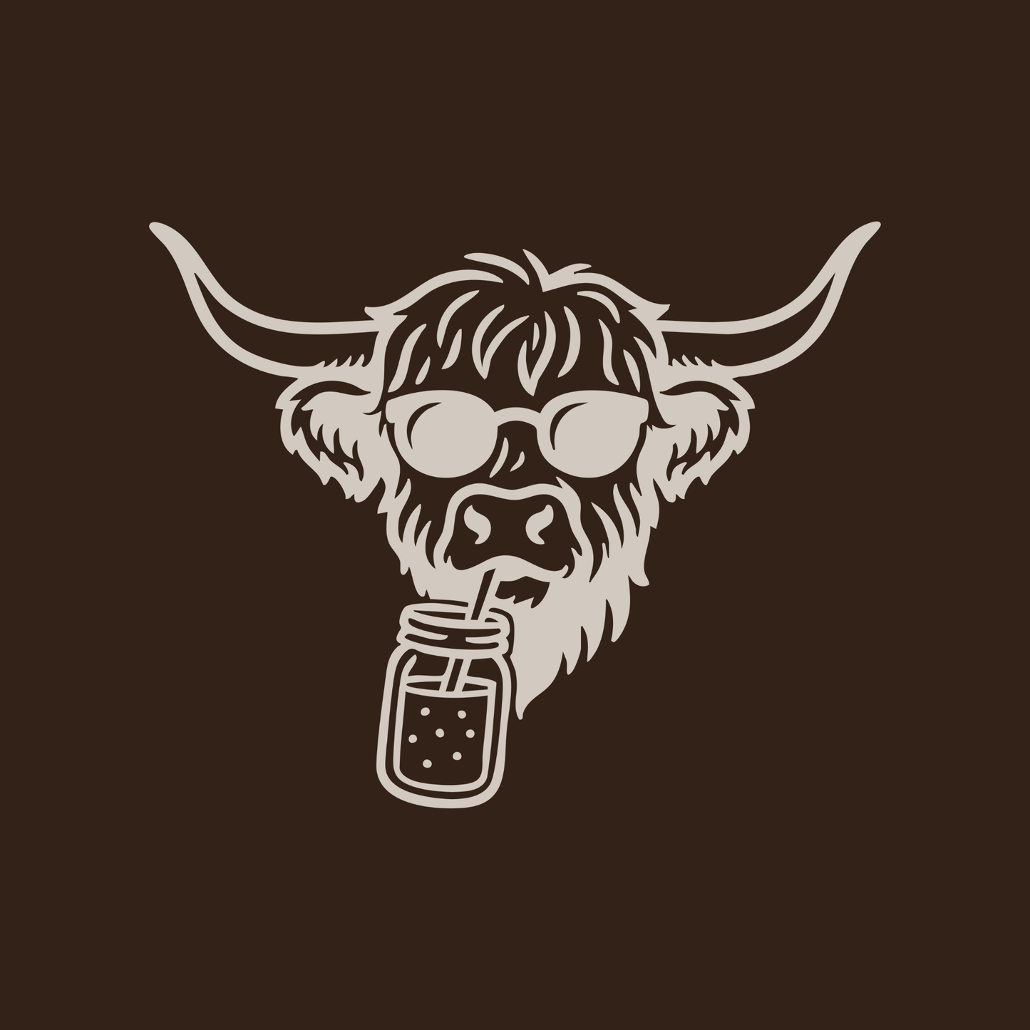 Illustration of a cow drinking from a mason jar on a dark background