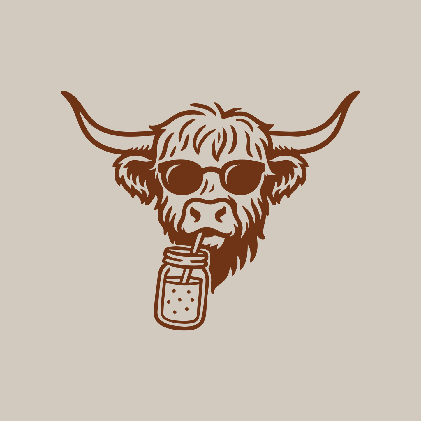 Brown illustration of a highland cow drinking from a mason jar on a beige background