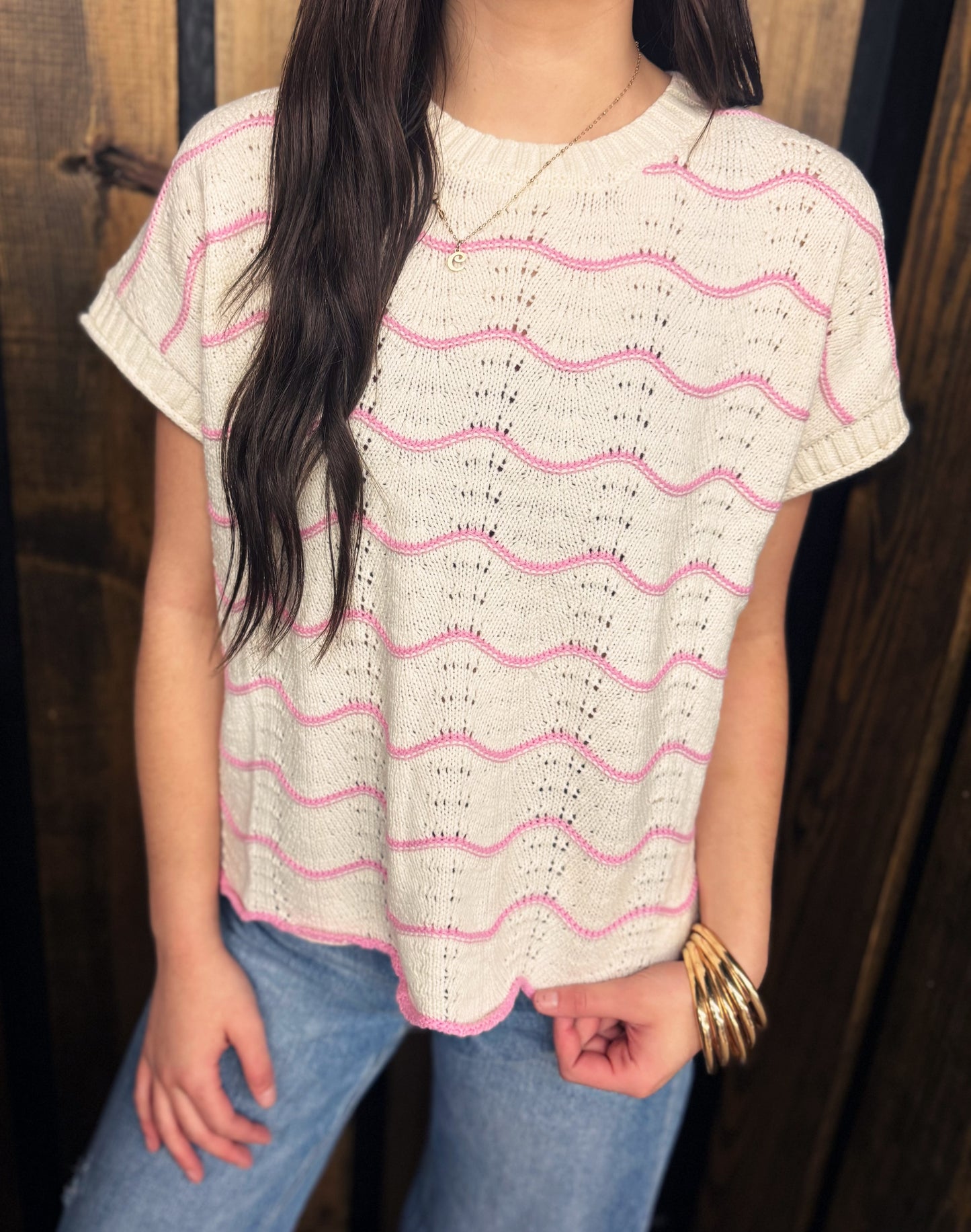 Pink Hem Scalloped Sweater Top