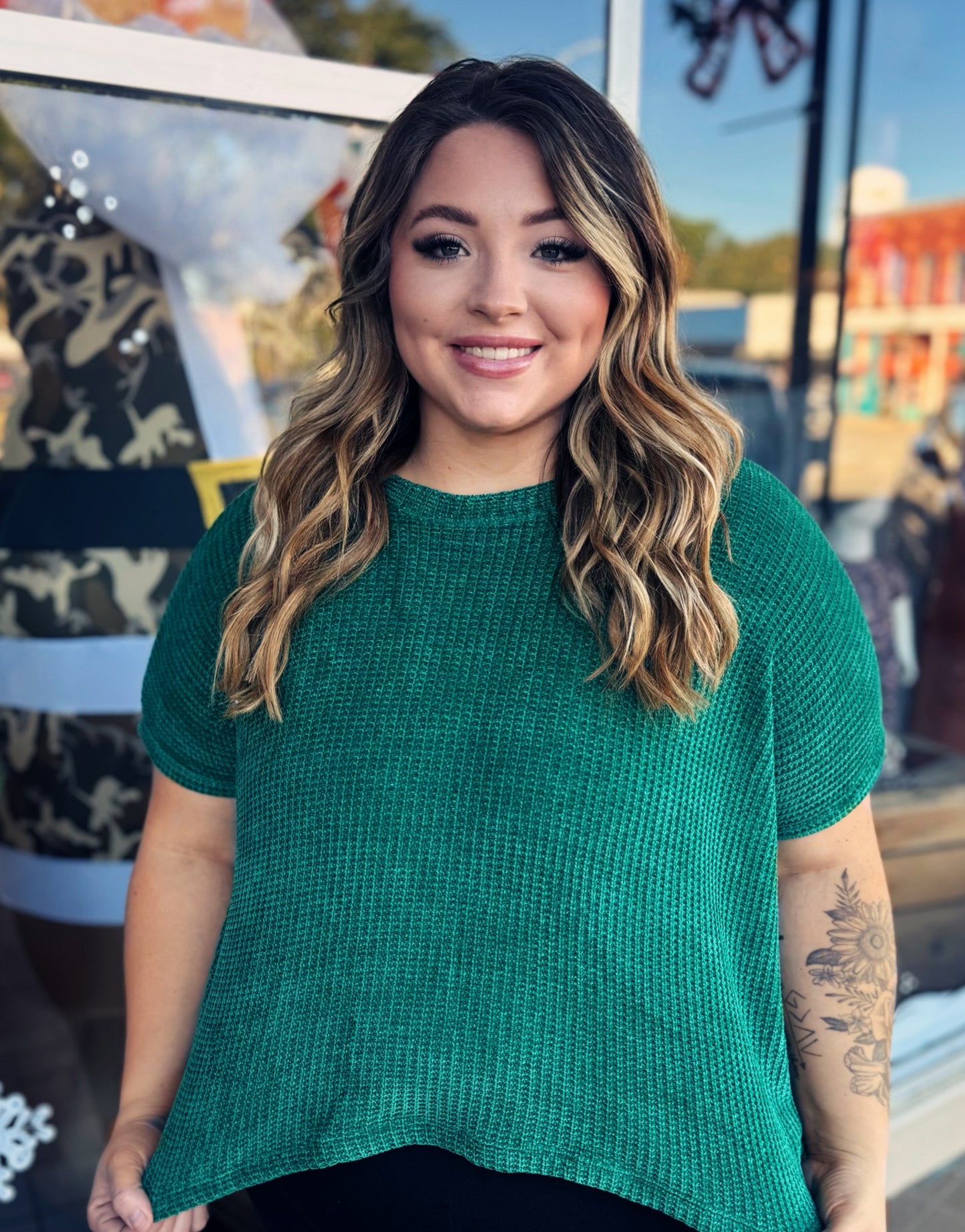 Curvy Emerald Waffle Knit Top