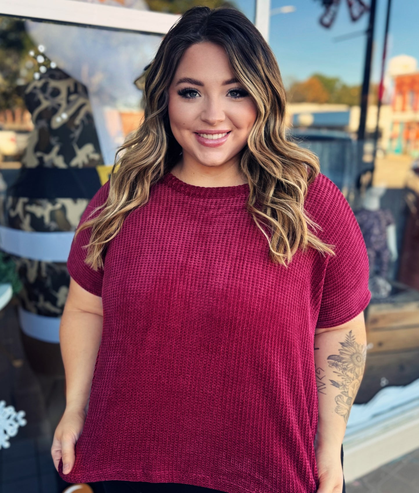 Curvy Deep Maroon Waffle Knit Top