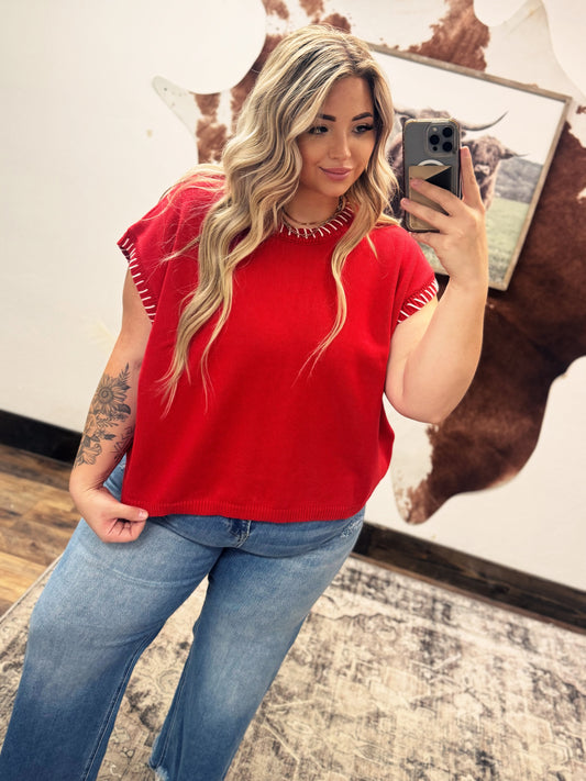 Curvy Red Stitch Top