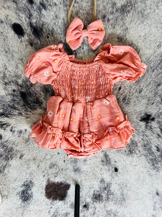 Pink Darcy Linen Floral Romper w/ Bow