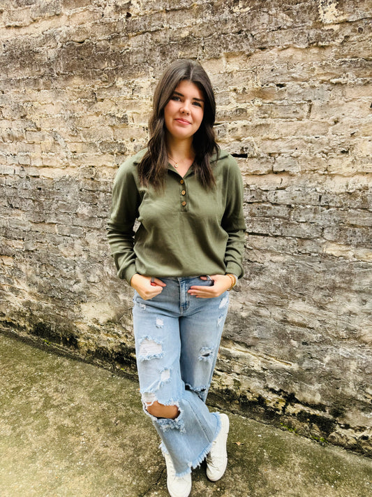 Olive Half Button Pullover