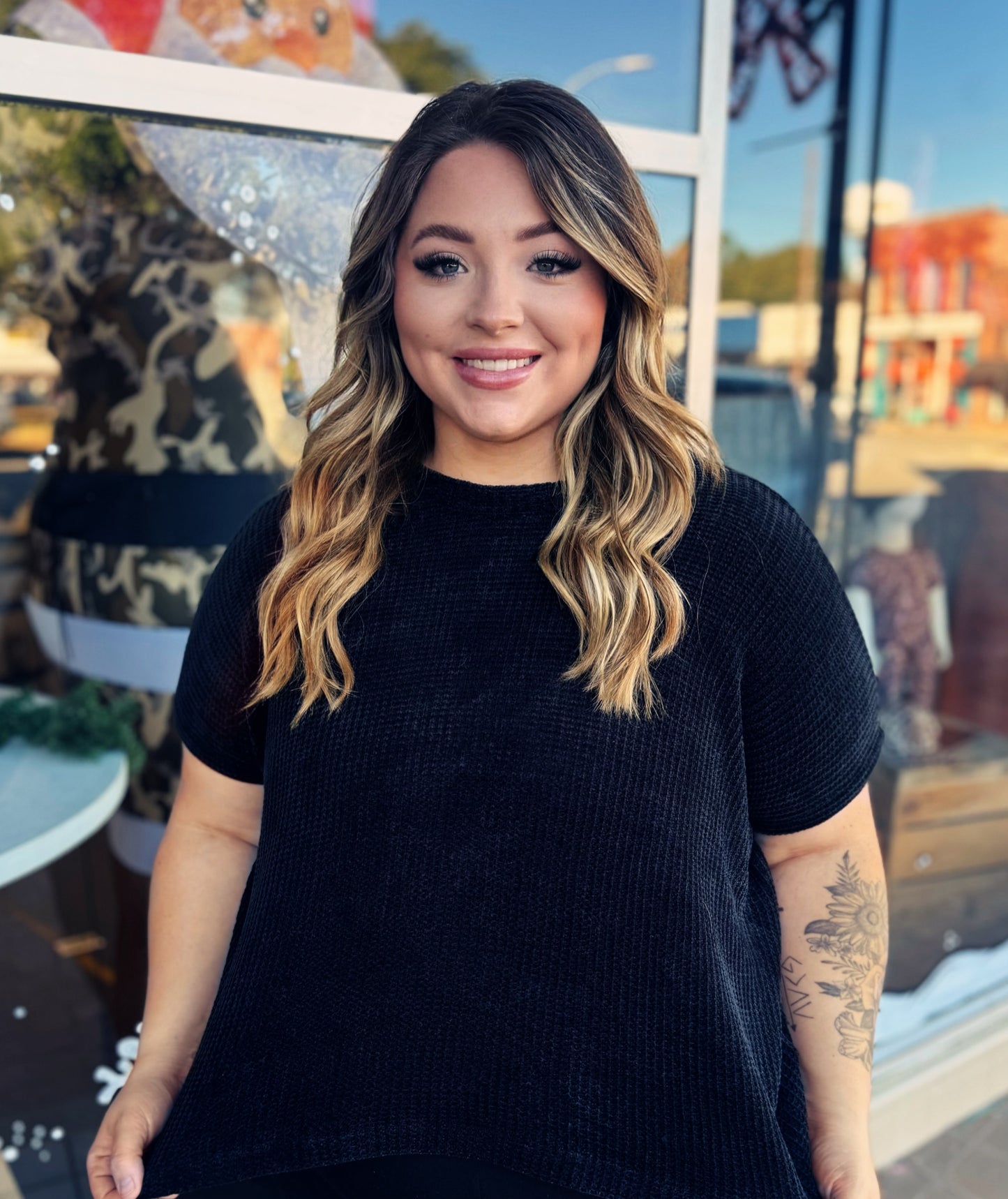 Curvy Black Waffle Knit Top