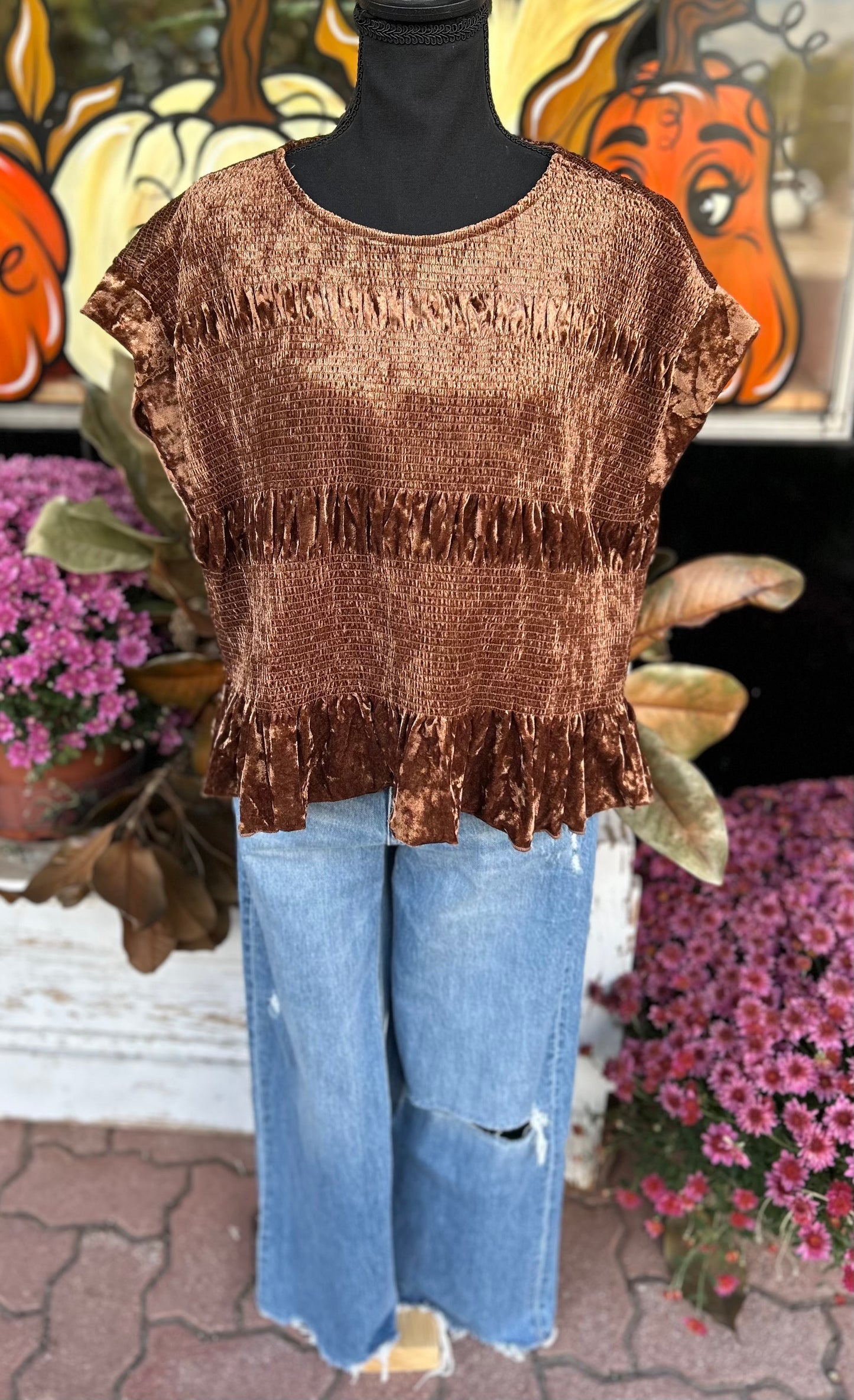 Brown Velvet Ruffle Smocked Blouse