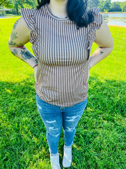 Brown Striped Ruffle Tank