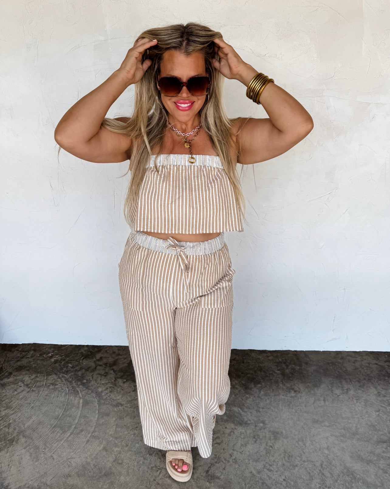 Beige Seersucker Pant Set