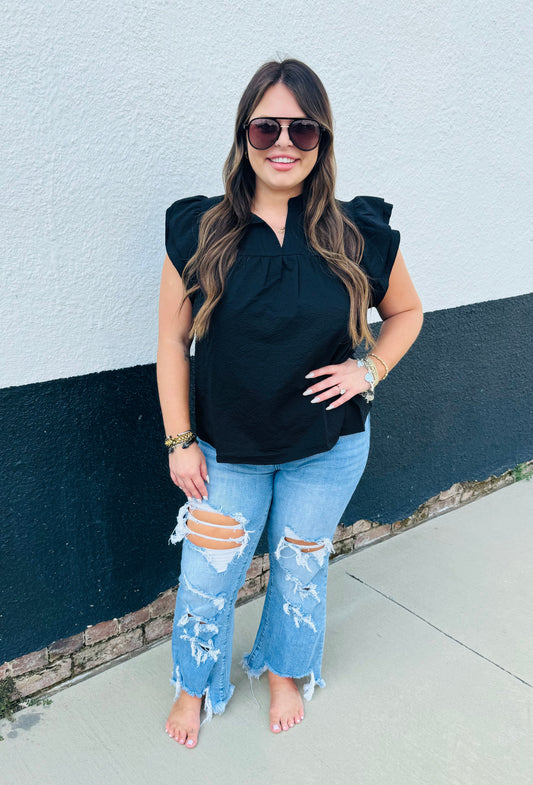 Black Ruffle Sleeve Top