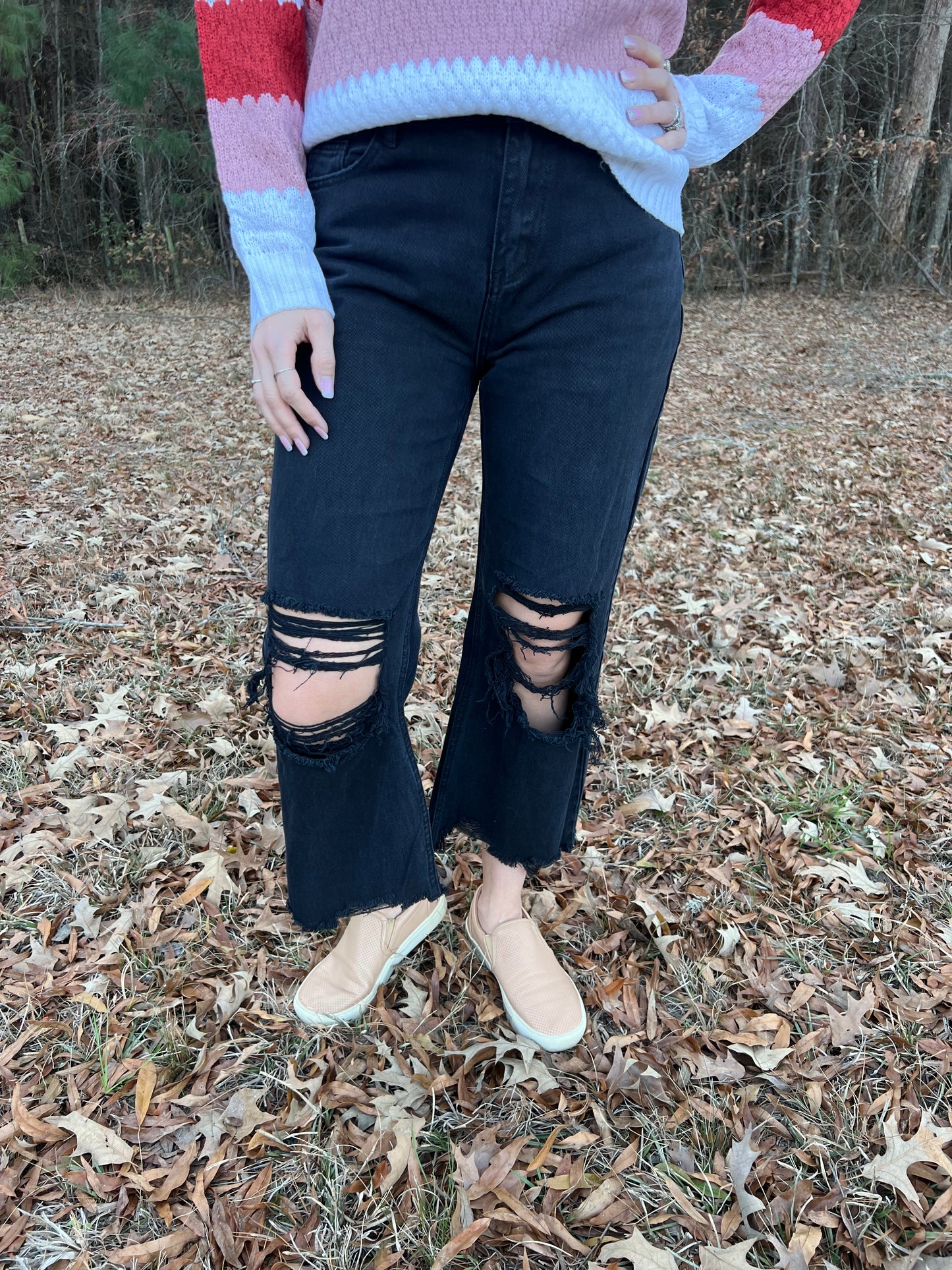 Black Distressed Cropped Flare High Waisted Jeans