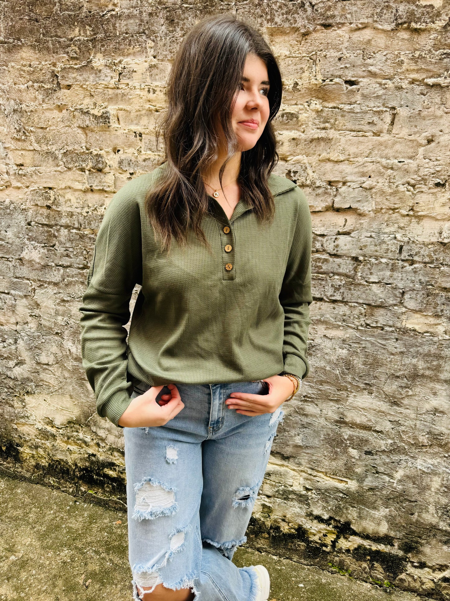 Olive Half Button Pullover