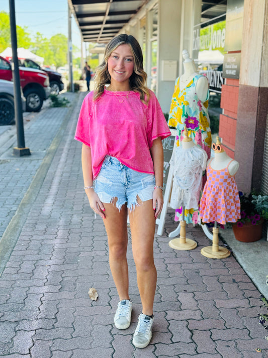 Pink Acid Wash Crop Tee