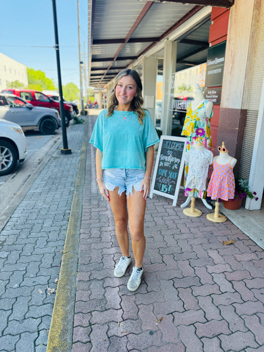 Turquoise Acid Wash Crop Tee