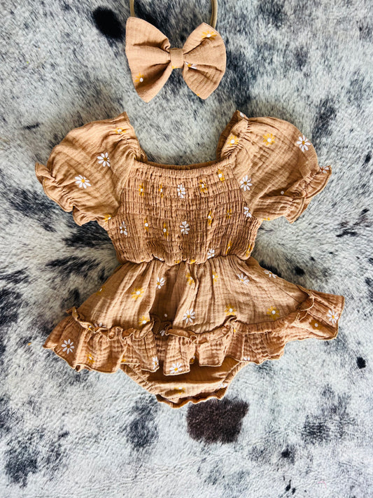 Brown Darcy Linen Floral Romper w/ Bow