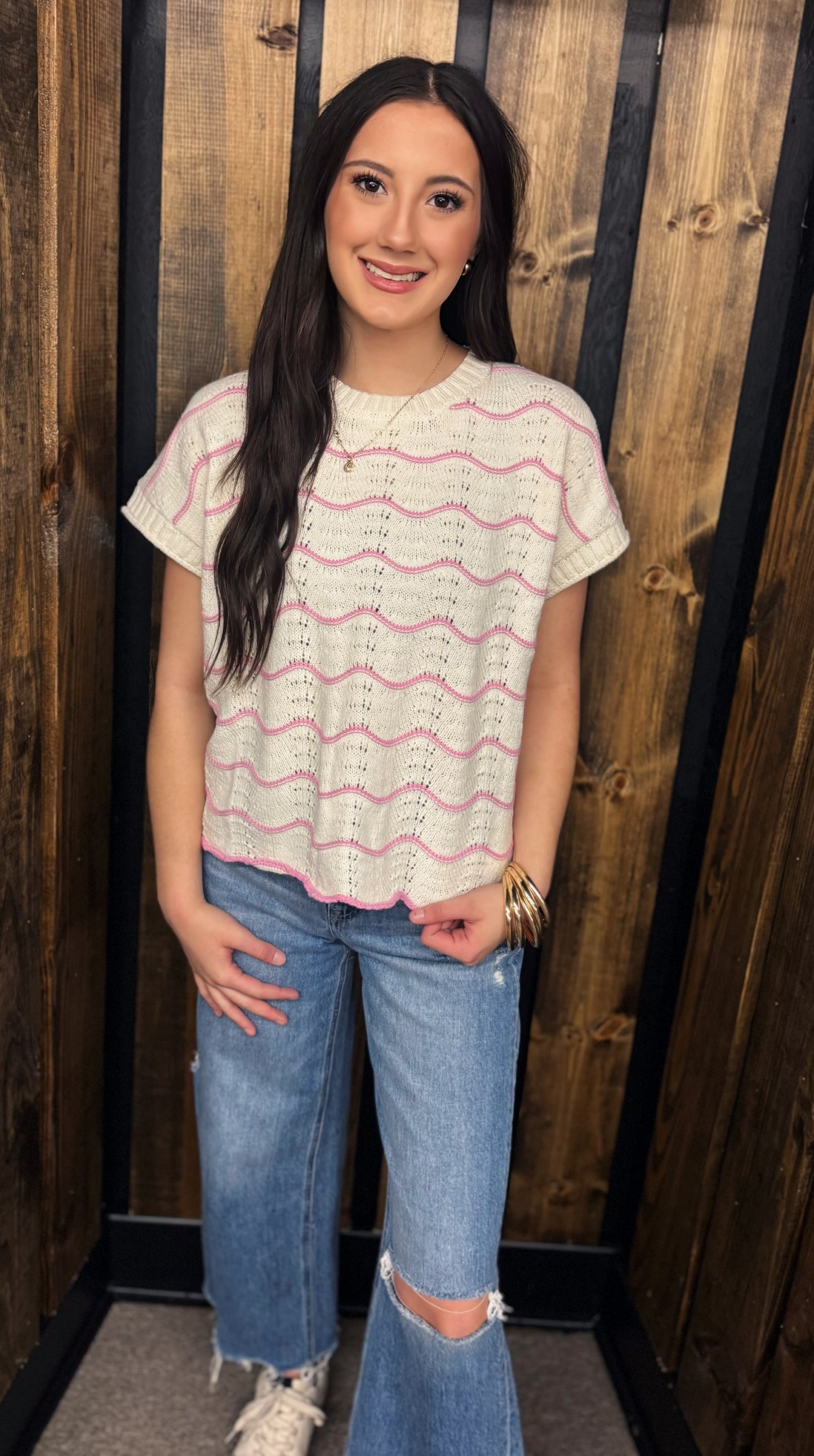 Pink Hem Scalloped Sweater Top