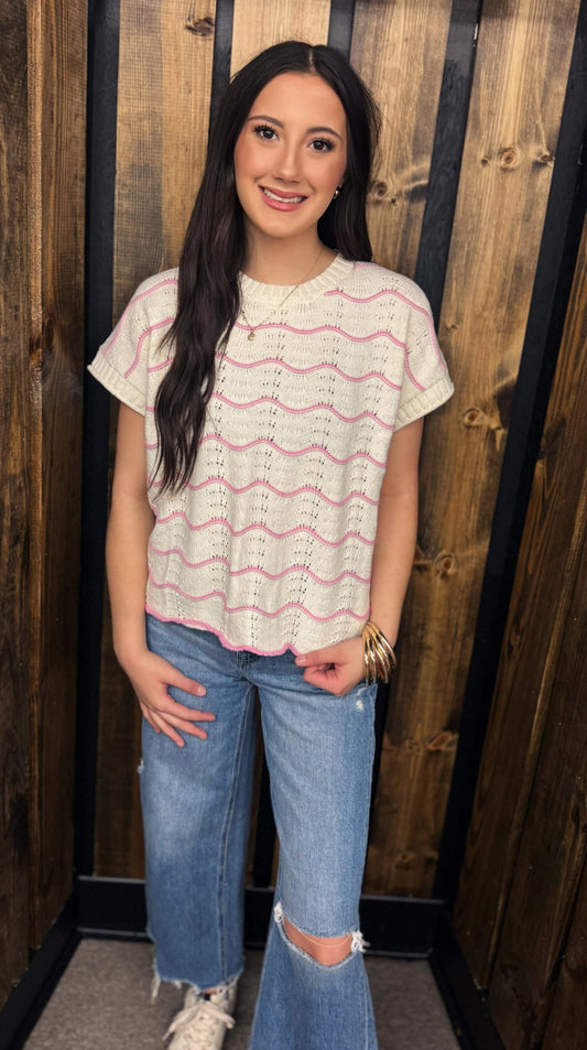 Pink Hem Scalloped Sweater Top