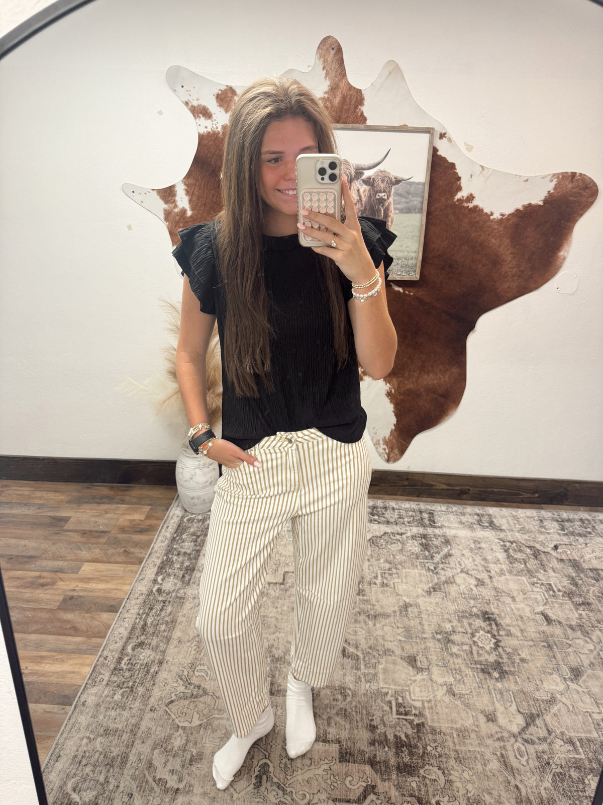 Cream Striped Barrel Jeans