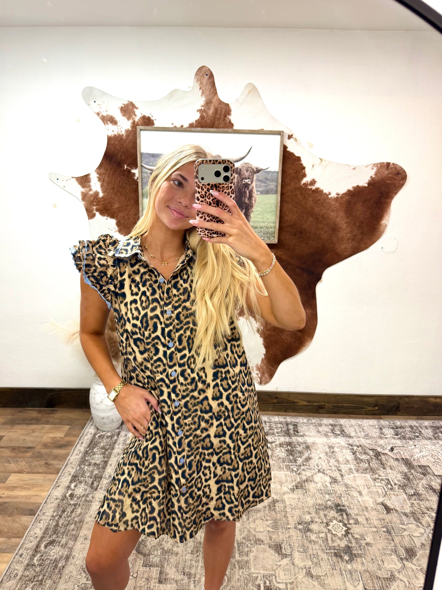 Cheetah Light Blue Ruffle Dress