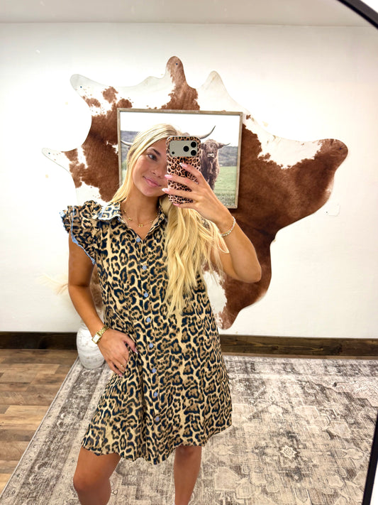 Cheetah Light Blue Ruffle Dress