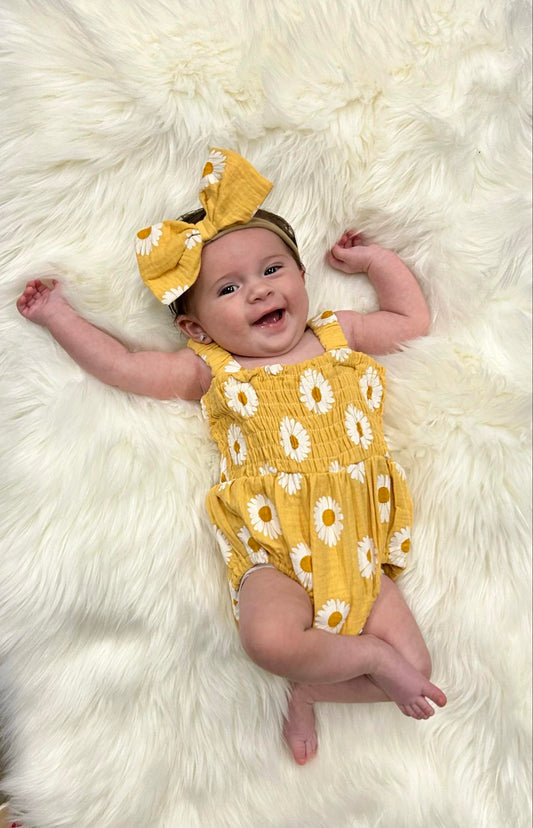 Yellow Floral Scrunch Romper W/Bow