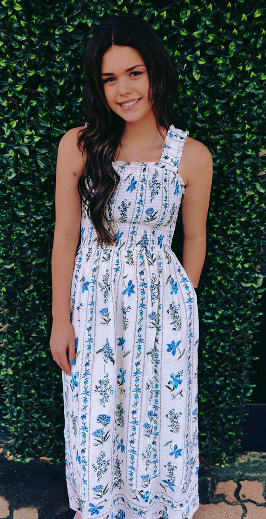 Blue Floral Smocked Dress