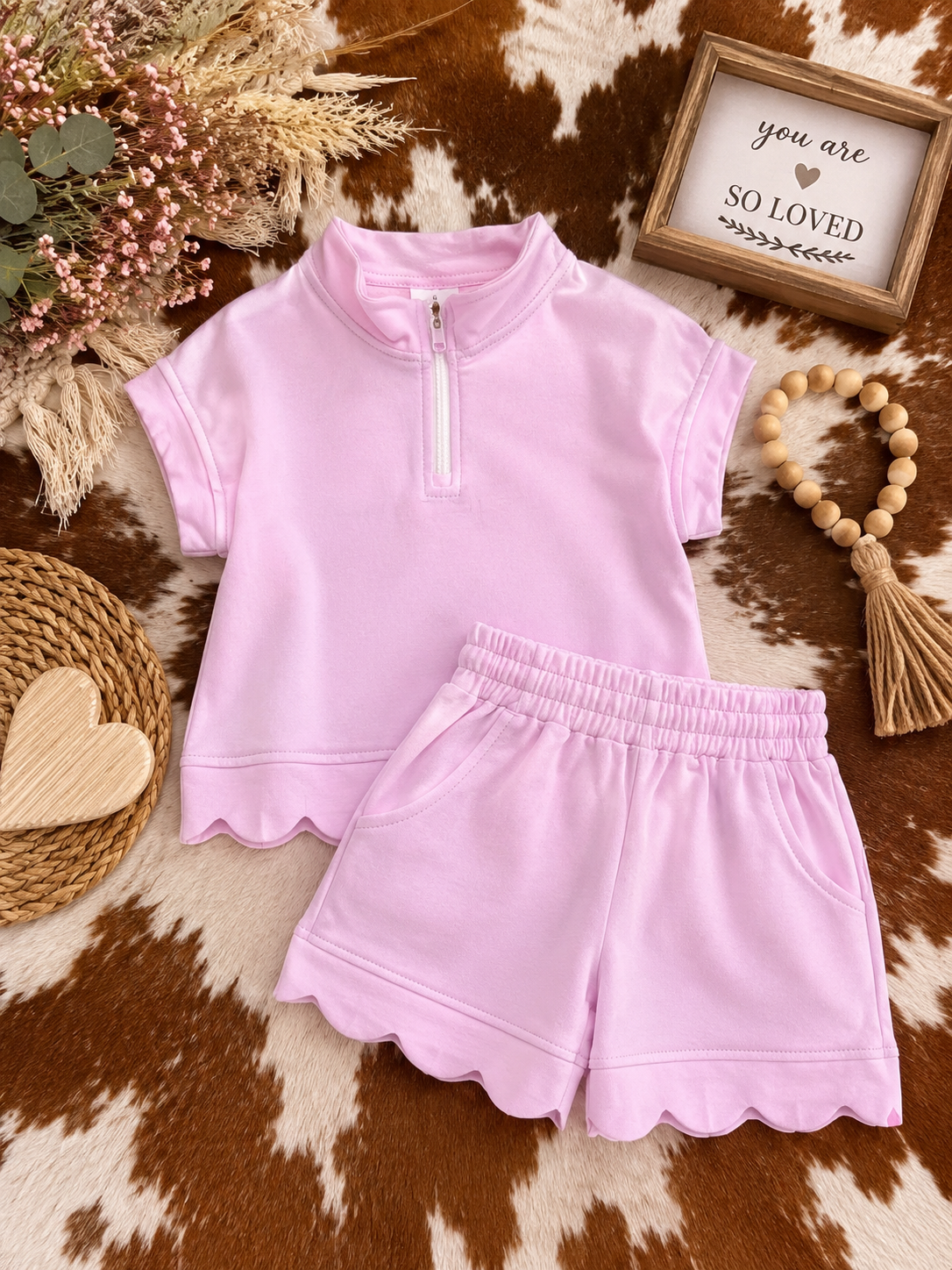 Girls| pink scalloped short set
