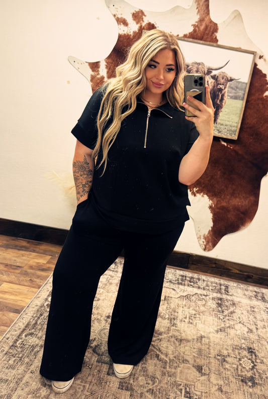 Curvy Black 1/4 Zip Pant Set