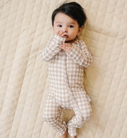 Bamboo Zip Romper | Beige Gingham