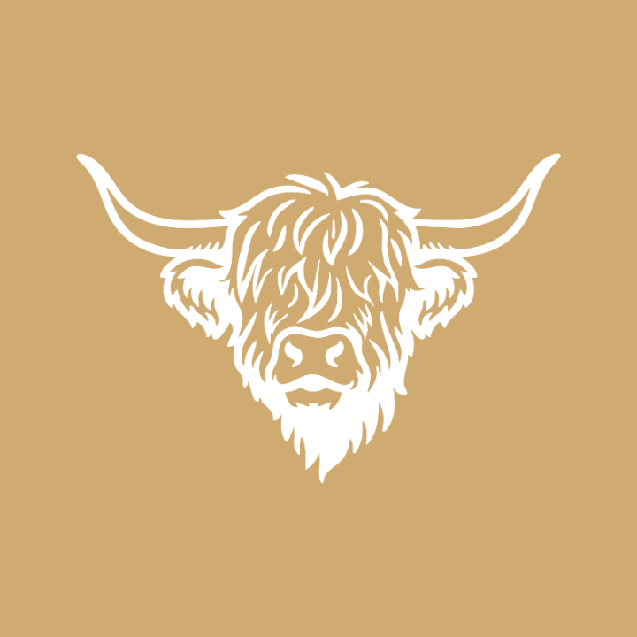 White silhouette of a highland cow head on a gold background