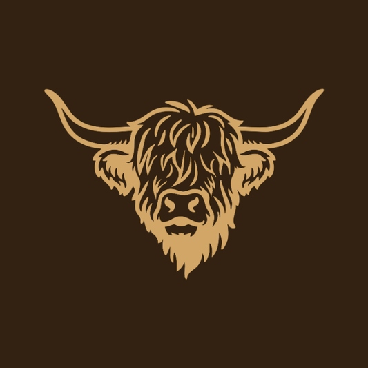 Brown logo of a highland cow face on a brown background