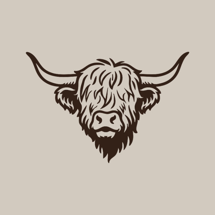 Illustration of a highland cow head on a beige background