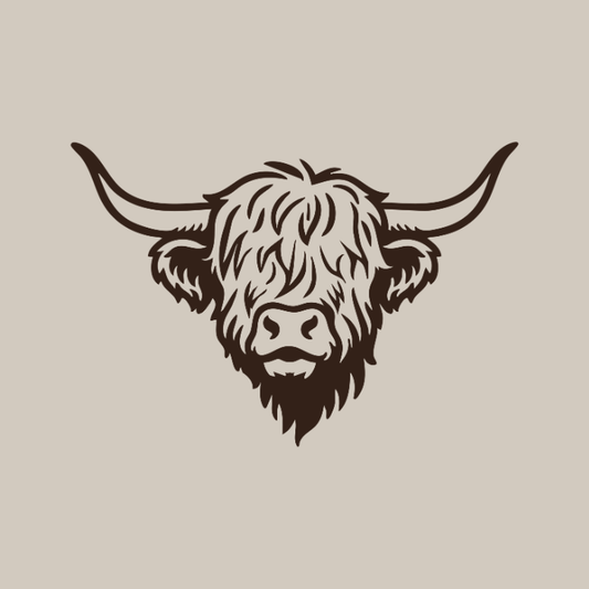 Illustration of a highland cow head on a beige background