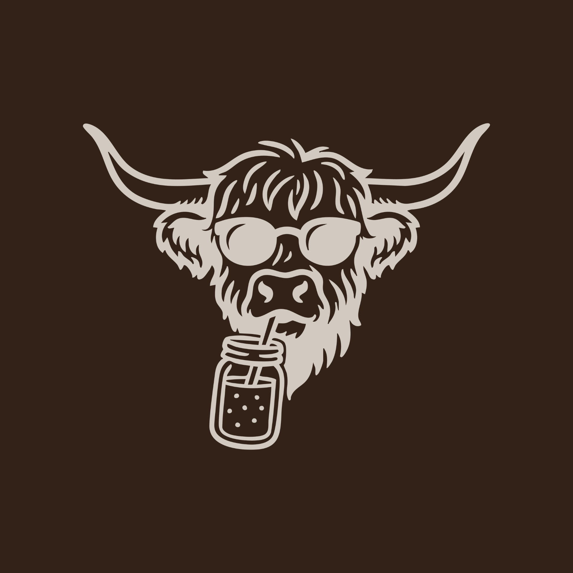 Illustration of a cow drinking from a mason jar on a dark background