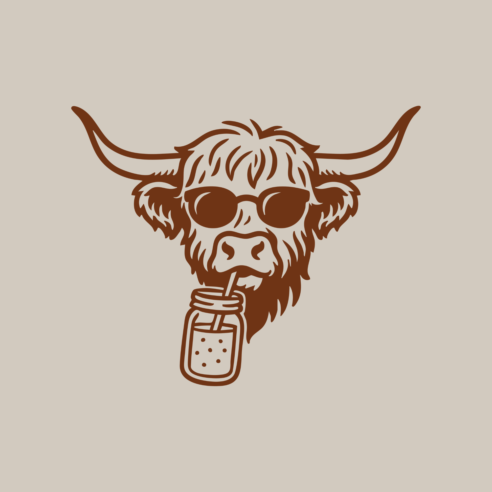 Brown illustration of a highland cow drinking from a mason jar on a beige background