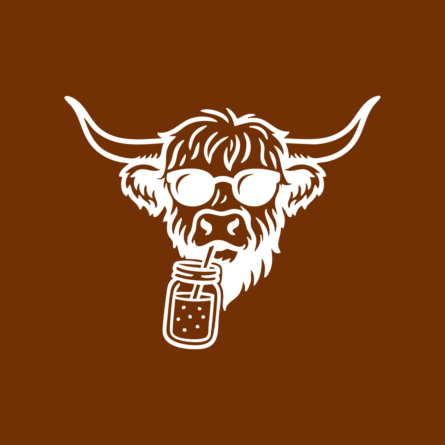 White outline of a cow drinking from a mason jar on a brown background